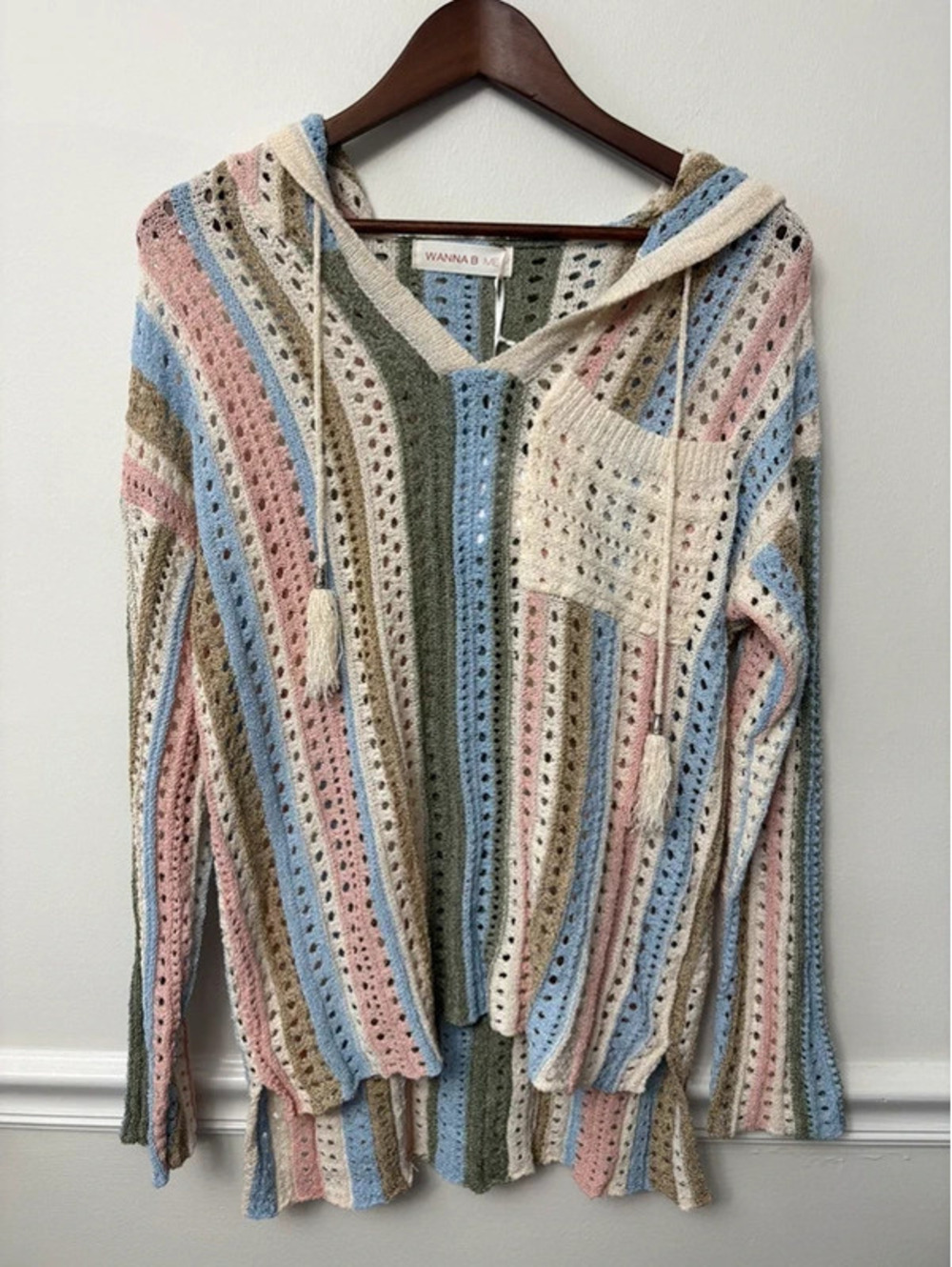 Oversized Crochet Knit Hooded Sweater Small Boho Pastel